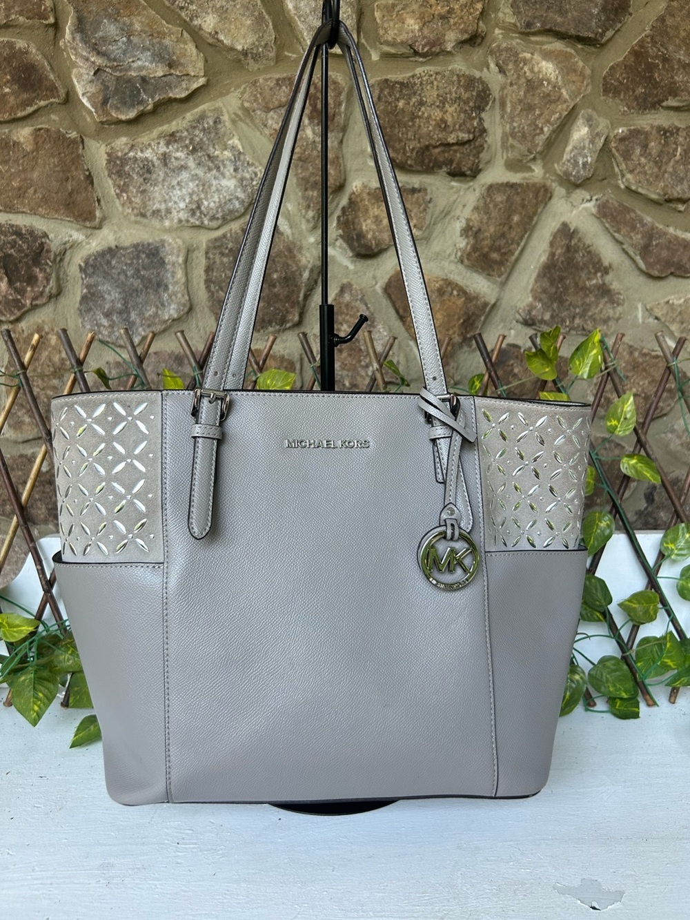 Michael Kors Jet Set Travel Gray Studded Saffiano Leather Tote Shoulder Bag